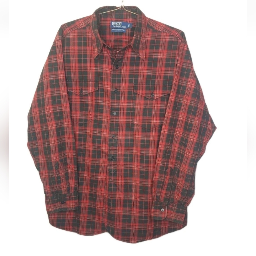 Polo Ralph Lauren Woodsman Workshirt Large Red Plaid Woven Cotton Button Vtg 90s